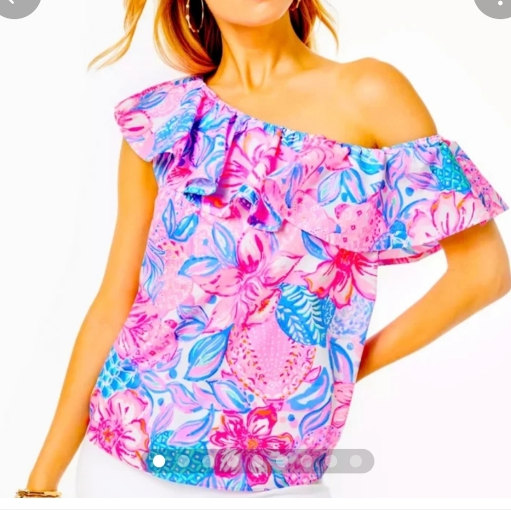 NWT Lilly Pulitzer Zeldie Snappy Turtle One Shoulder Cotton Ruffle Top M